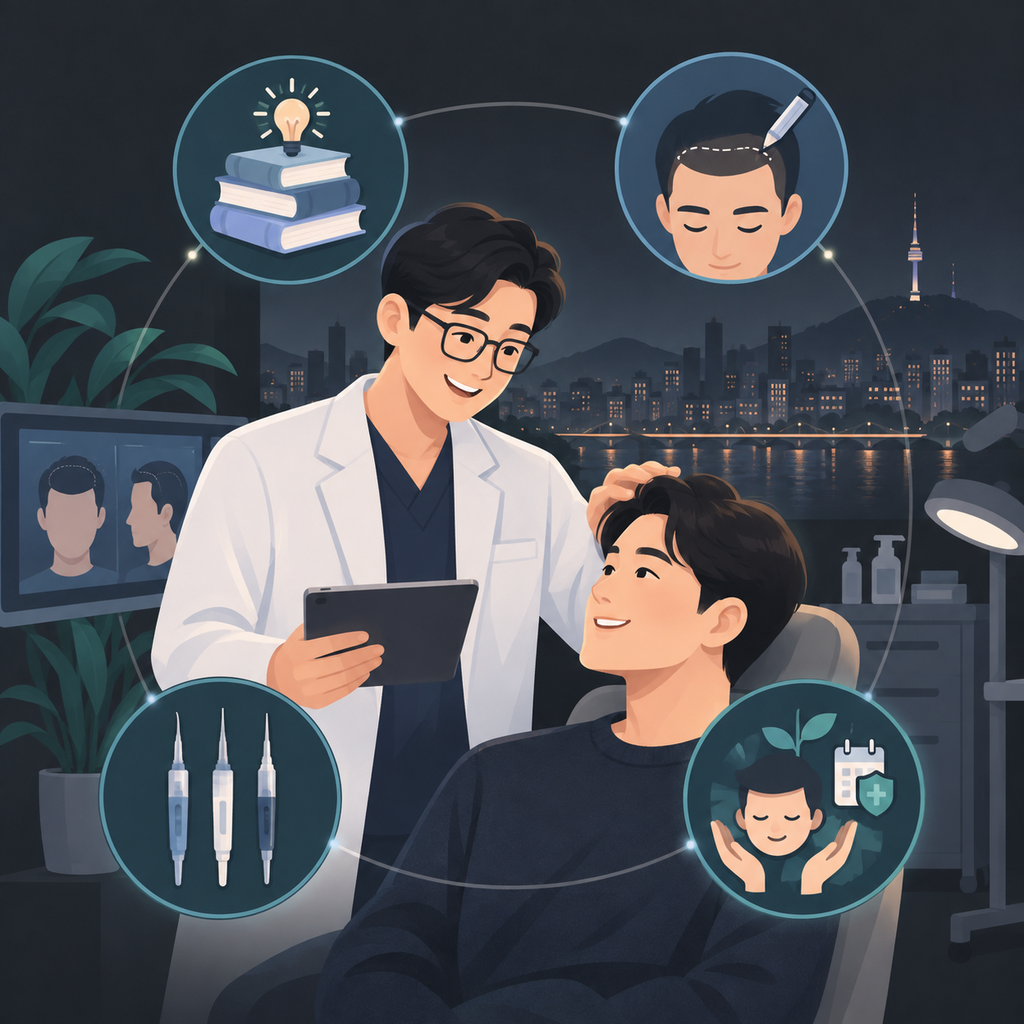 韓国の植毛クリニックで医師にヘアライン設計の説明を受ける様子
